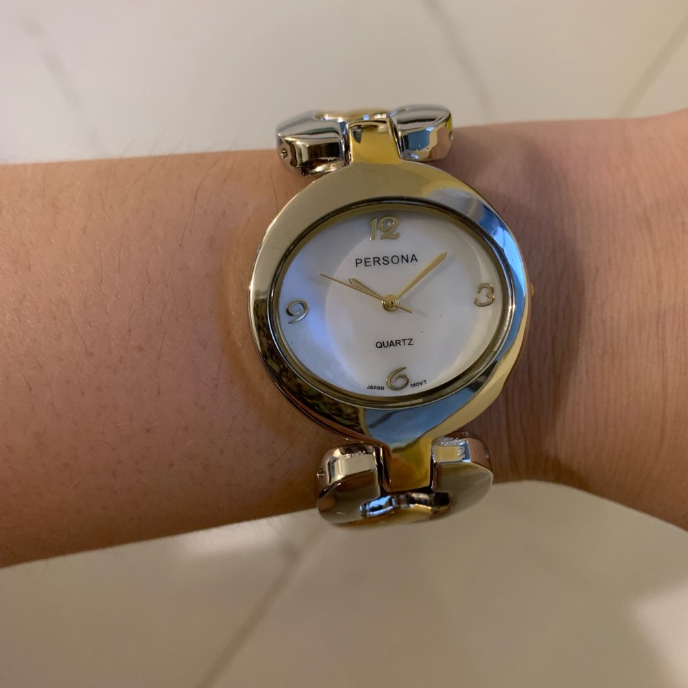 NEW Persona Silver Gold Two Tone Knot Bracelet Watch Ladies Mother Of Pearl Face